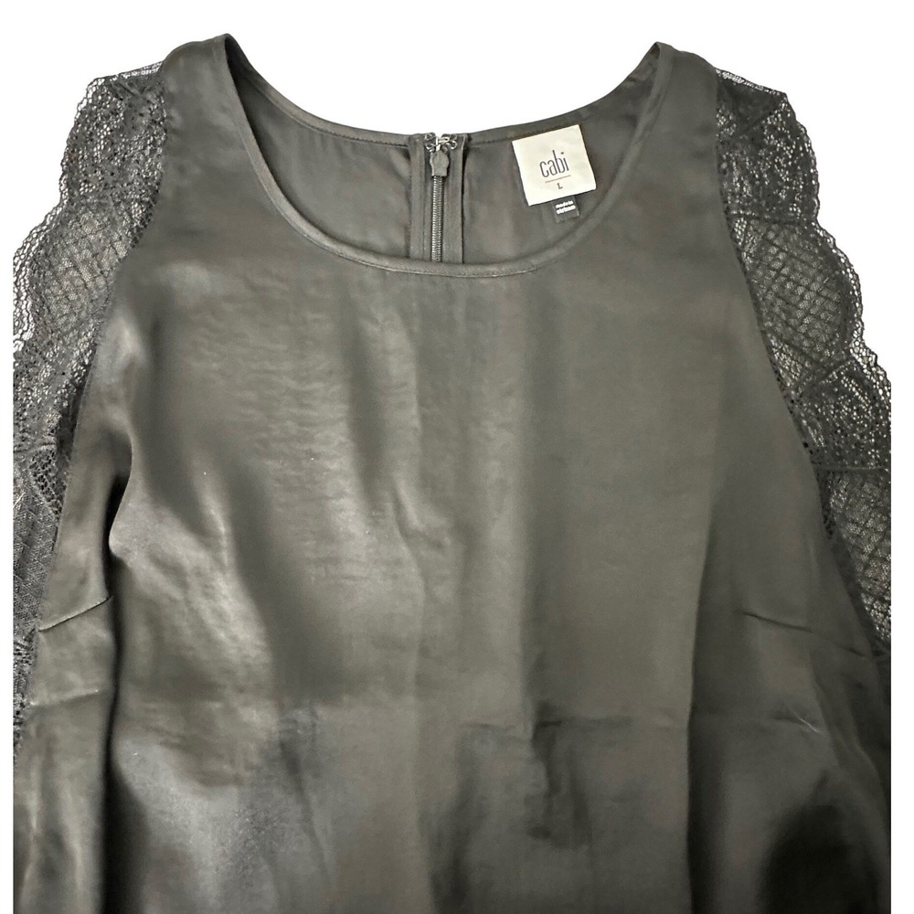 Cabi Black Satin Lace Blouse L Romantic Feminine Capsule Wardrobe Dark Academia - Picture 4 of 12
